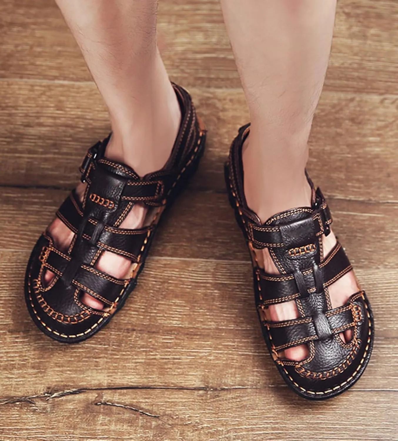 Mens Casual Walking Sandals Closed Toe Sports Outdoor Leather Sandals Summer Sandals for Hiking Trekking Driving Beach Shoes Waterproof