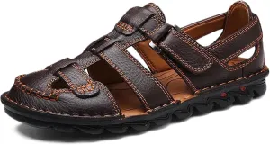 Mens Casual Walking Sandals Closed Toe Sports Outdoor Leather Sandals Summer Sandals for Hiking Trekking Driving Beach Shoes Waterproof