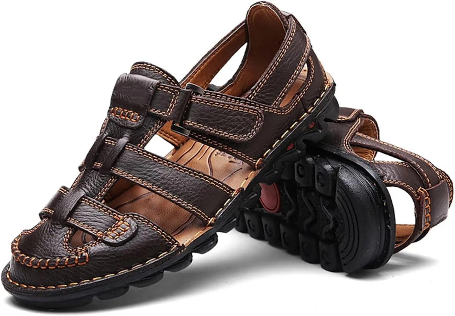 Mens Casual Walking Sandals Closed Toe Sports Outdoor Leather Sandals Summer Sandals for Hiking Trekking Driving Beach Shoes Waterproof