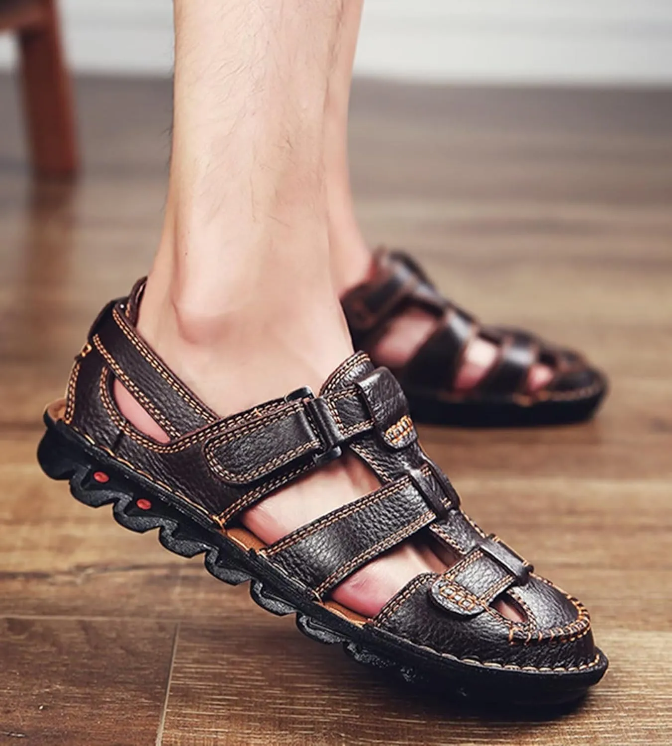 Mens Casual Walking Sandals Closed Toe Sports Outdoor Leather Sandals Summer Sandals for Hiking Trekking Driving Beach Shoes Waterproof