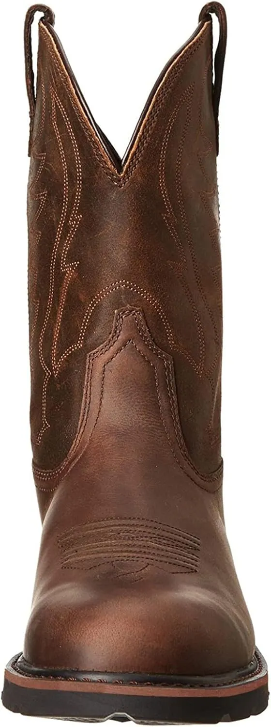 Mens Cowboy Boots: Square Toe, Embroidered, Wide Calf, Slip On, Brown Leather, Western, Winter Boots (7.5-13 US, 38-48 EU)