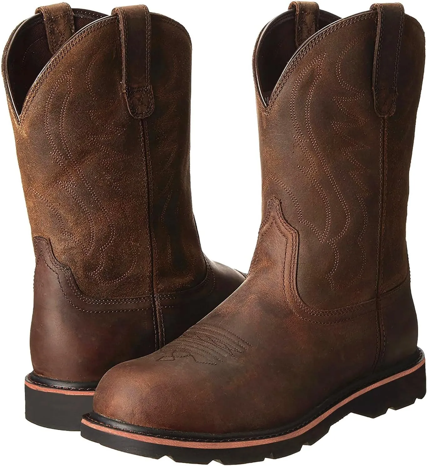 Mens Cowboy Boots: Square Toe, Embroidered, Wide Calf, Slip On, Brown Leather, Western, Winter Boots (7.5-13 US, 38-48 EU)