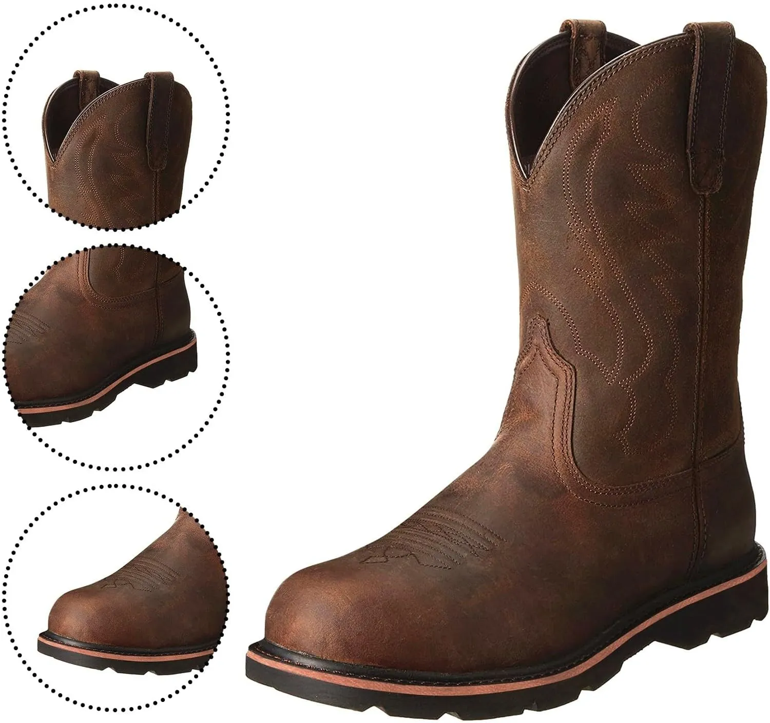 Mens Cowboy Boots: Square Toe, Embroidered, Wide Calf, Slip On, Brown Leather, Western, Winter Boots (7.5-13 US, 38-48 EU)