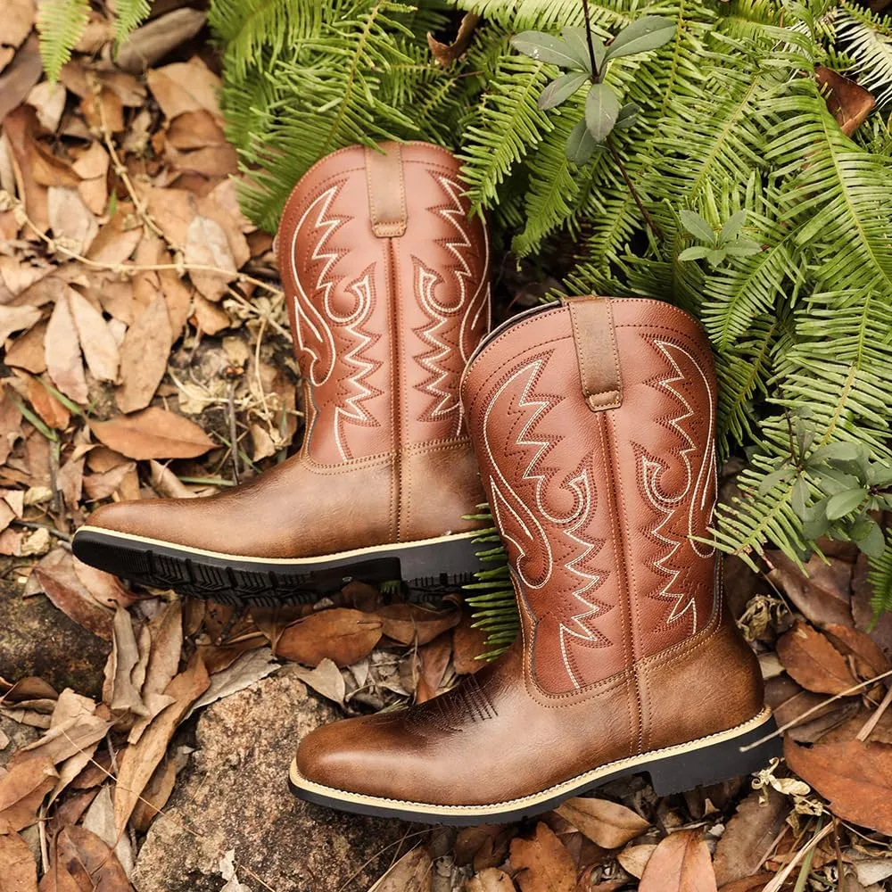 Men's Cowboy Boots,Men's Fashion High Tube Embroidery Retro Leather Boots Wide-head Western Cowboy Boots Middle Tube Thick Boots