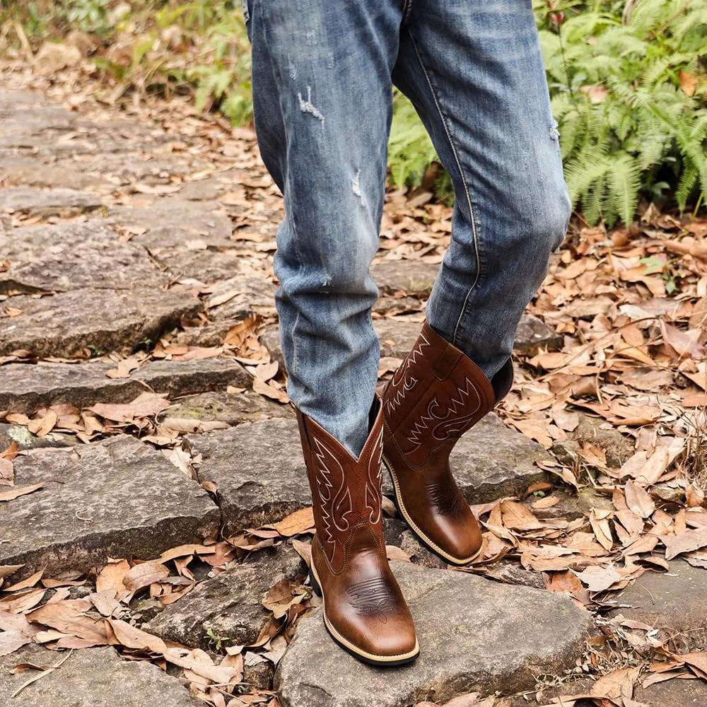Men's Cowboy Boots,Men's Fashion High Tube Embroidery Retro Leather Boots Wide-head Western Cowboy Boots Middle Tube Thick Boots