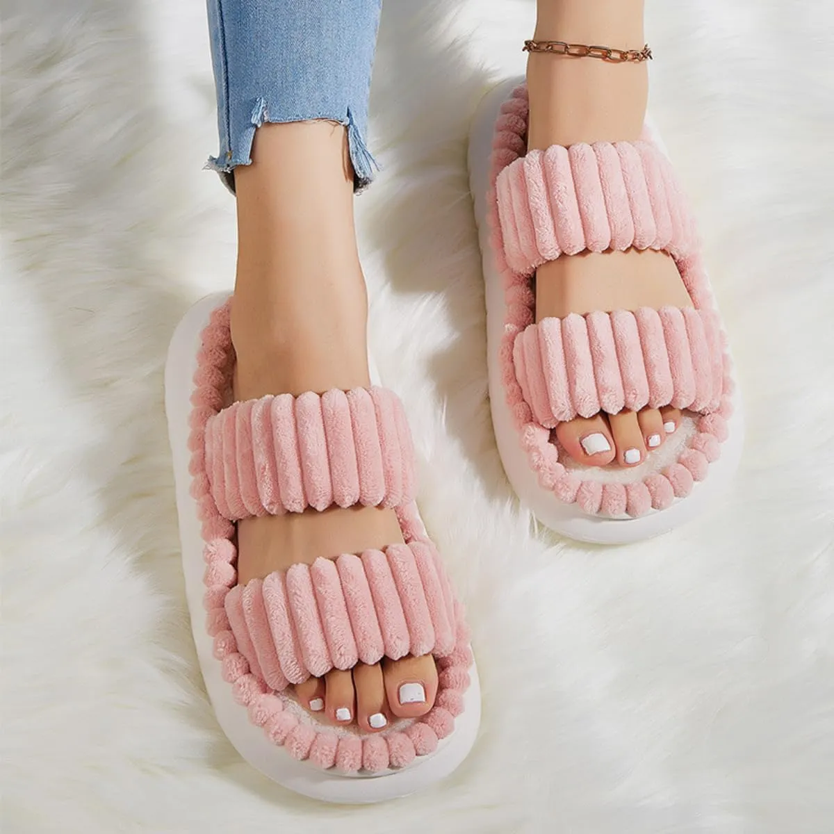 Plush Slippers for Women Double-band Thick-soled Fuzzy Simple Slippers Open Toe Cozy Fluffy Indoor Home Slipper
