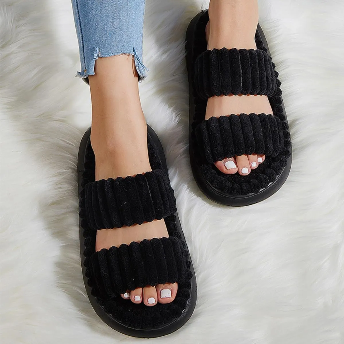 Plush Slippers for Women Double-band Thick-soled Fuzzy Simple Slippers Open Toe Cozy Fluffy Indoor Home Slipper