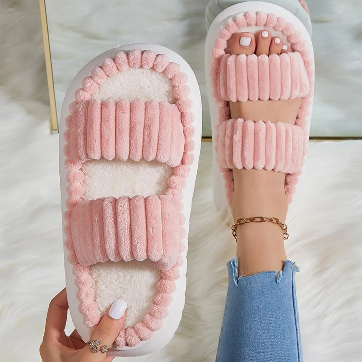 Plush Slippers for Women Double-band Thick-soled Fuzzy Simple Slippers Open Toe Cozy Fluffy Indoor Home Slipper