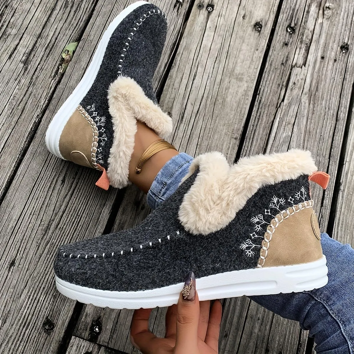 SACFOF Women's Flat Fluffy Ankle Boots,Faux Fur Lining Foam Boots Anti-Slip Plush Lining Winter Warm House Snow Shoes