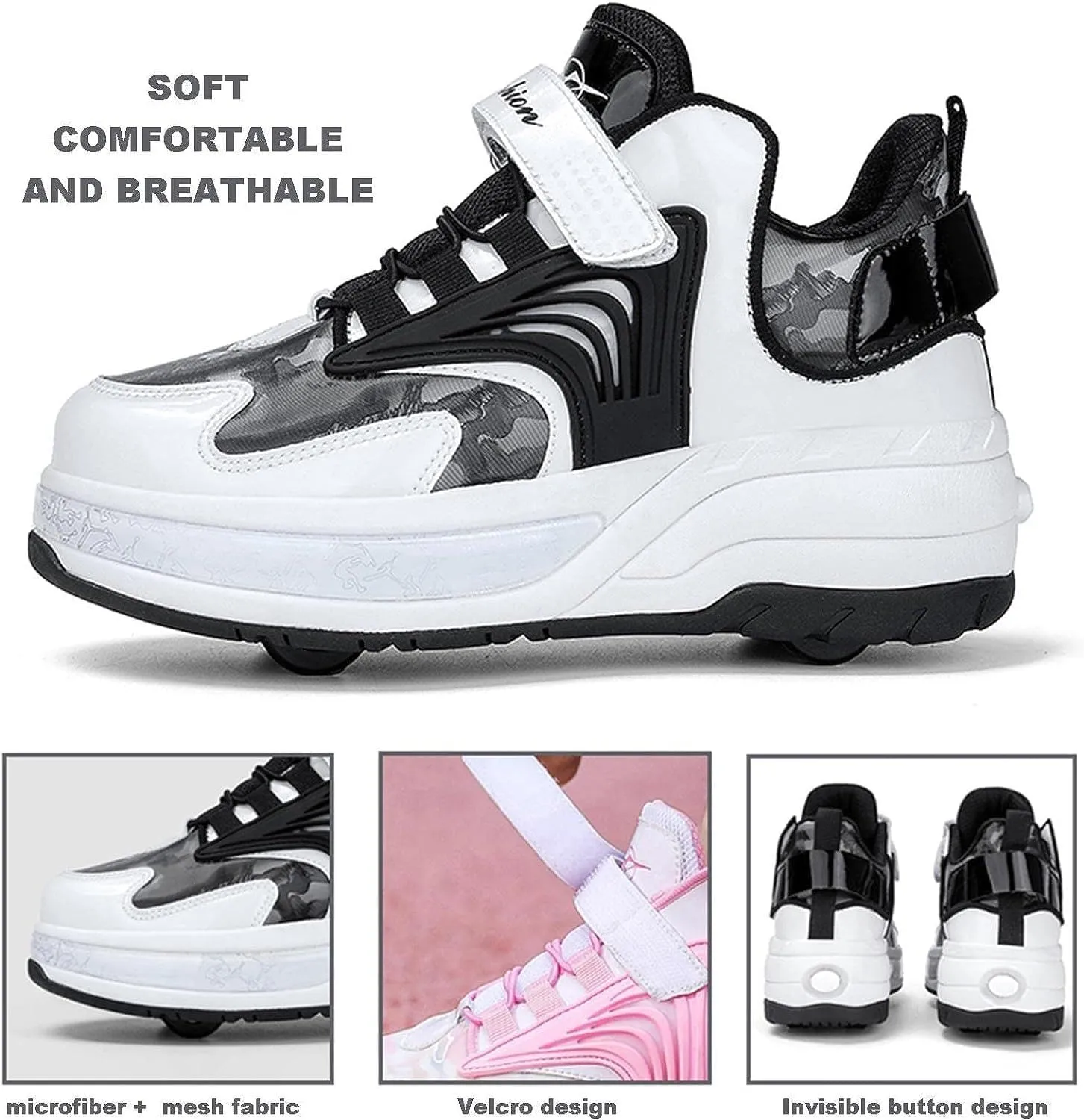 Shoes with Wheelsfor Boys Girls,Retractable Technical Skateboard Shoes, Sports Shoes,4 Wheels Roller Skates, 2 in 1 Multi-Purpose Children's Shoes Gift -A||32 EU