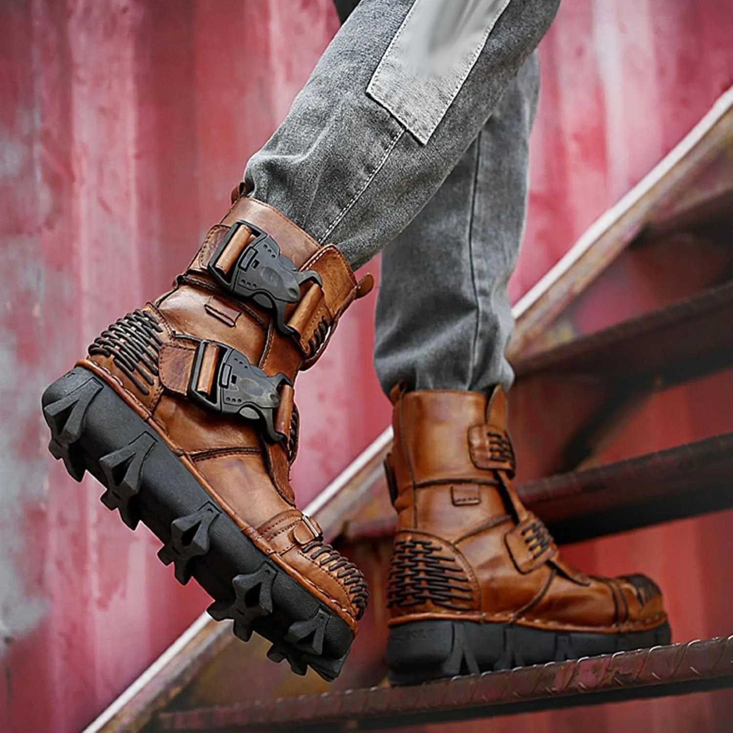 Thick-Soled Short Snow Boots, Short Plush Lining Warm Straight Leather Waterproof Winter Boots Buckle Design Decorative Fashion Boots Retro Outdoor Work Boots