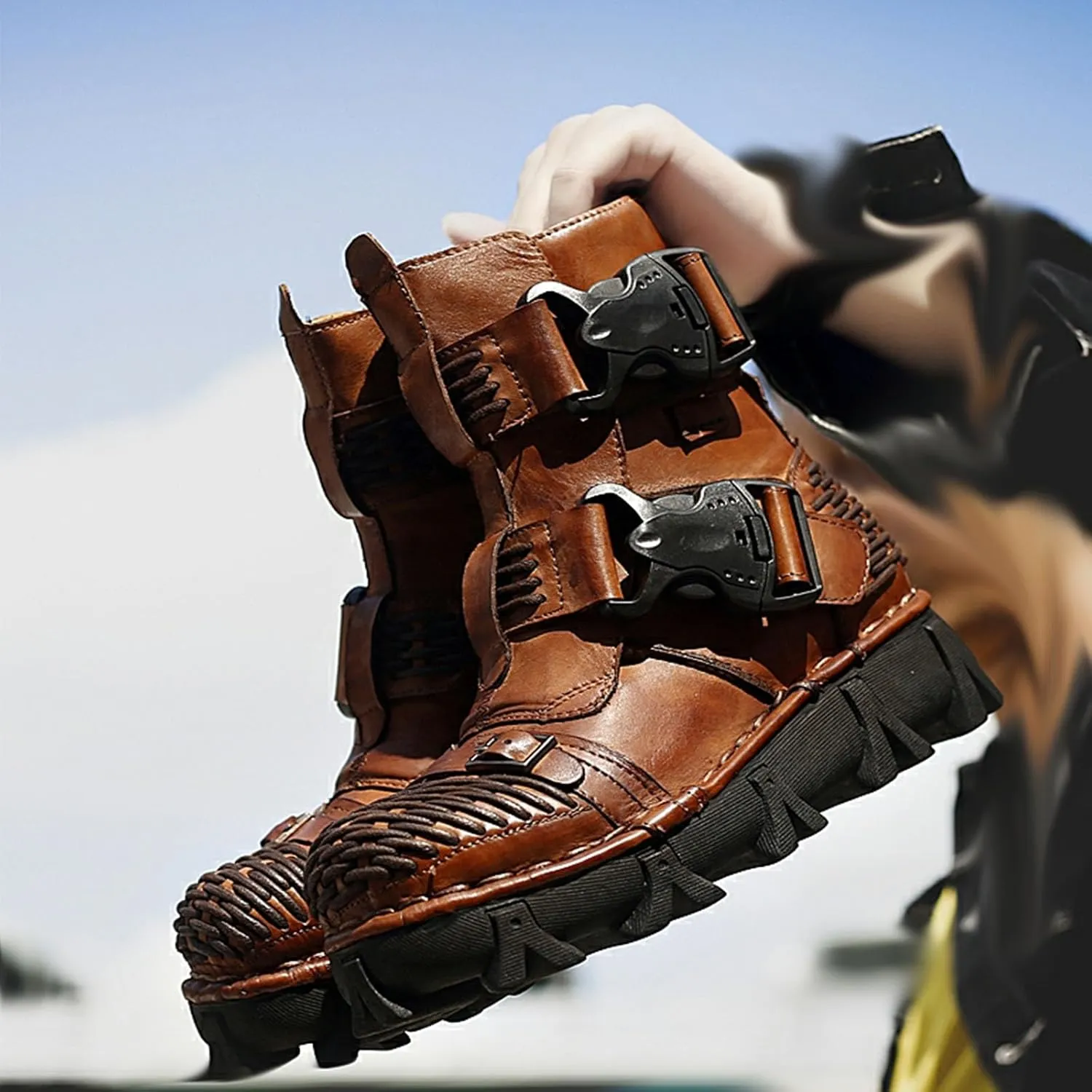 Thick-Soled Short Snow Boots, Short Plush Lining Warm Straight Leather Waterproof Winter Boots Buckle Design Decorative Fashion Boots Retro Outdoor Work Boots