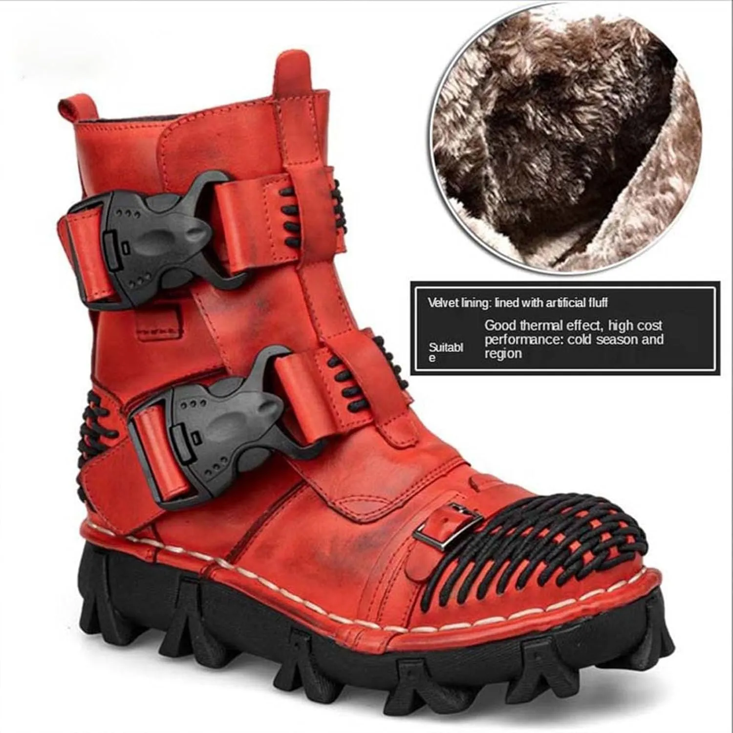 Thick-Soled Short Snow Boots, Short Plush Lining Warm Straight Leather Waterproof Winter Boots Buckle Design Decorative Fashion Boots Retro Outdoor Work Boots