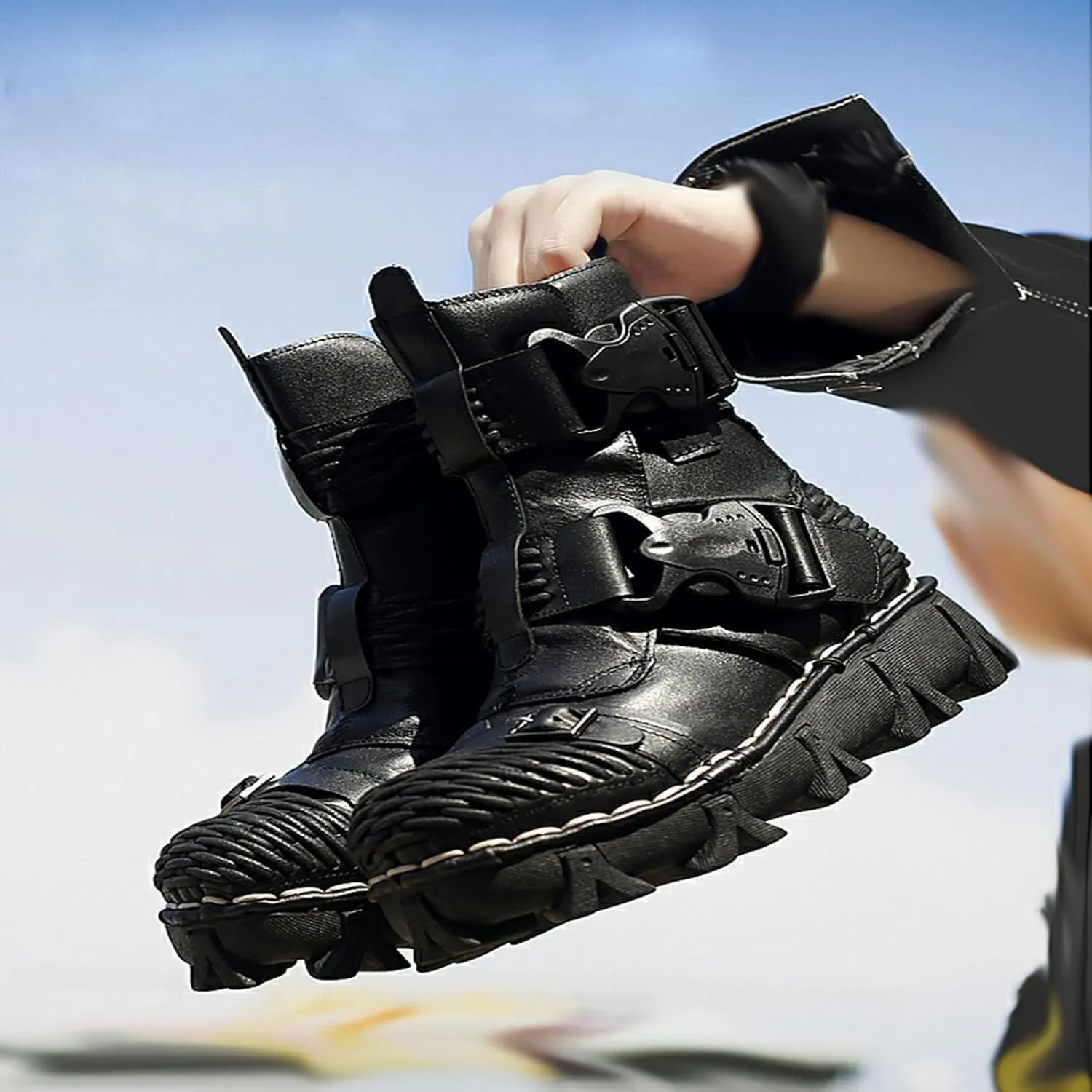 Thick-Soled Short Snow Boots, Short Plush Lining Warm Straight Leather Waterproof Winter Boots Buckle Design Decorative Fashion Boots Retro Outdoor Work Boots