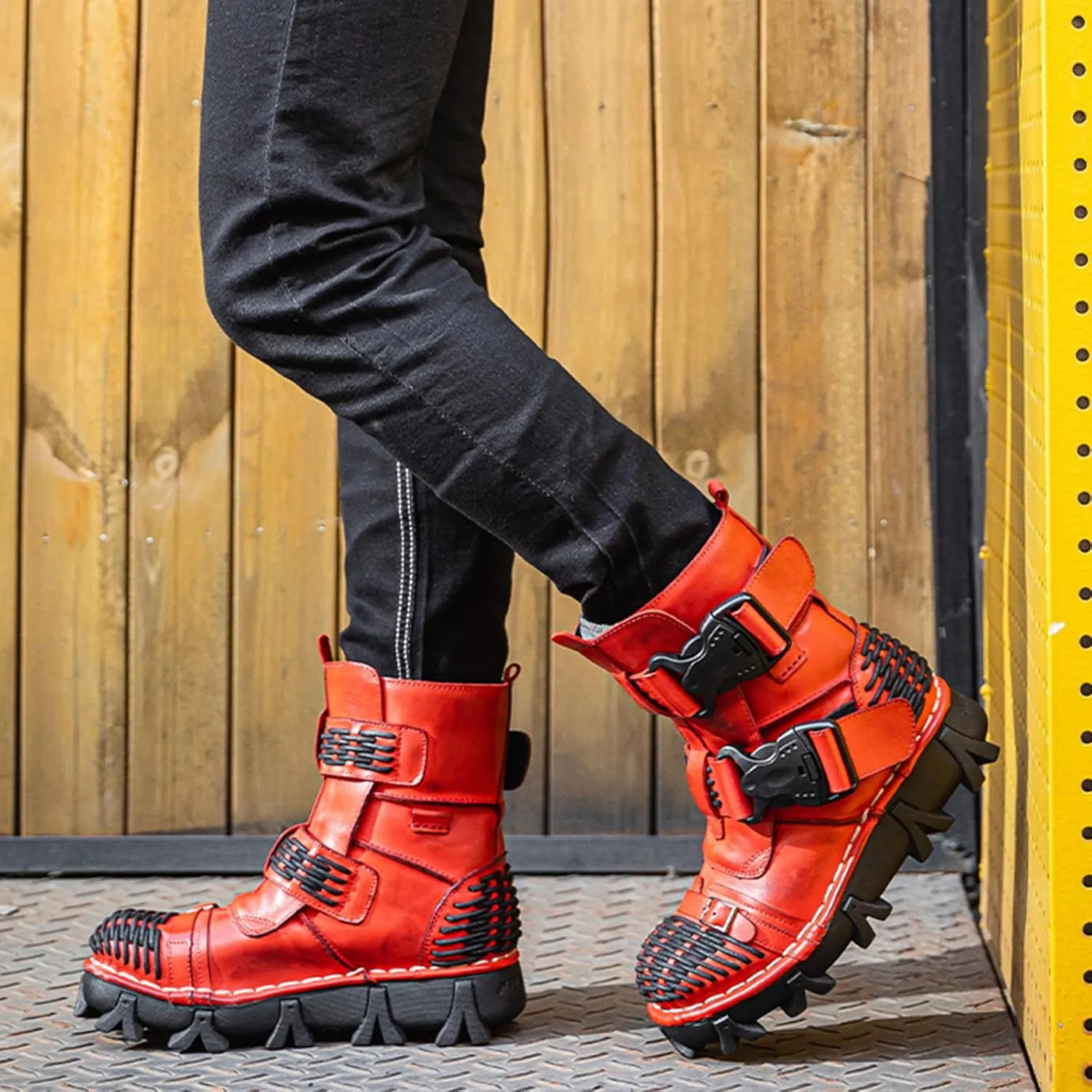 Thick-Soled Short Snow Boots, Short Plush Lining Warm Straight Leather Waterproof Winter Boots Buckle Design Decorative Fashion Boots Retro Outdoor Work Boots