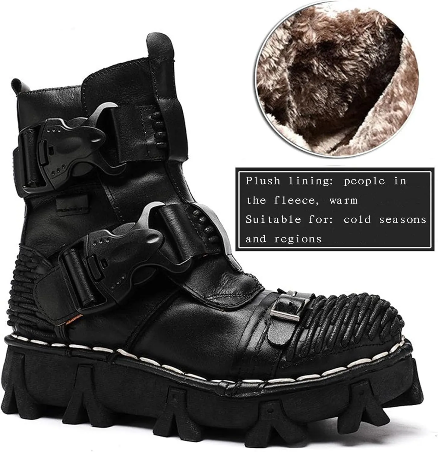 Thick-Soled Short Snow Boots, Short Plush Lining Warm Straight Leather Waterproof Winter Boots Buckle Design Decorative Fashion Boots Retro Outdoor Work Boots