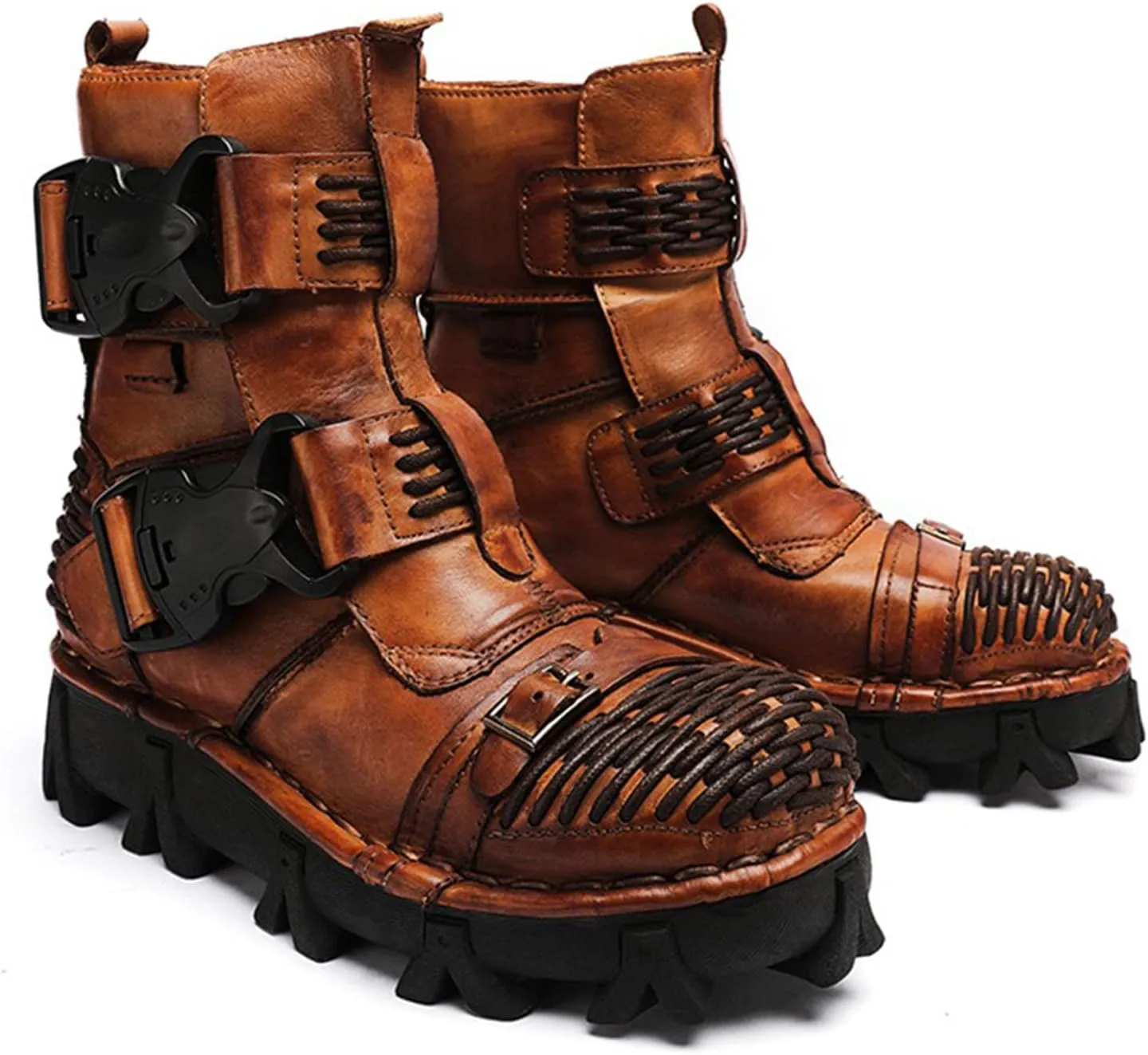 Thick-Soled Short Snow Boots, Short Plush Lining Warm Straight Leather Waterproof Winter Boots Buckle Design Decorative Fashion Boots Retro Outdoor Work Boots