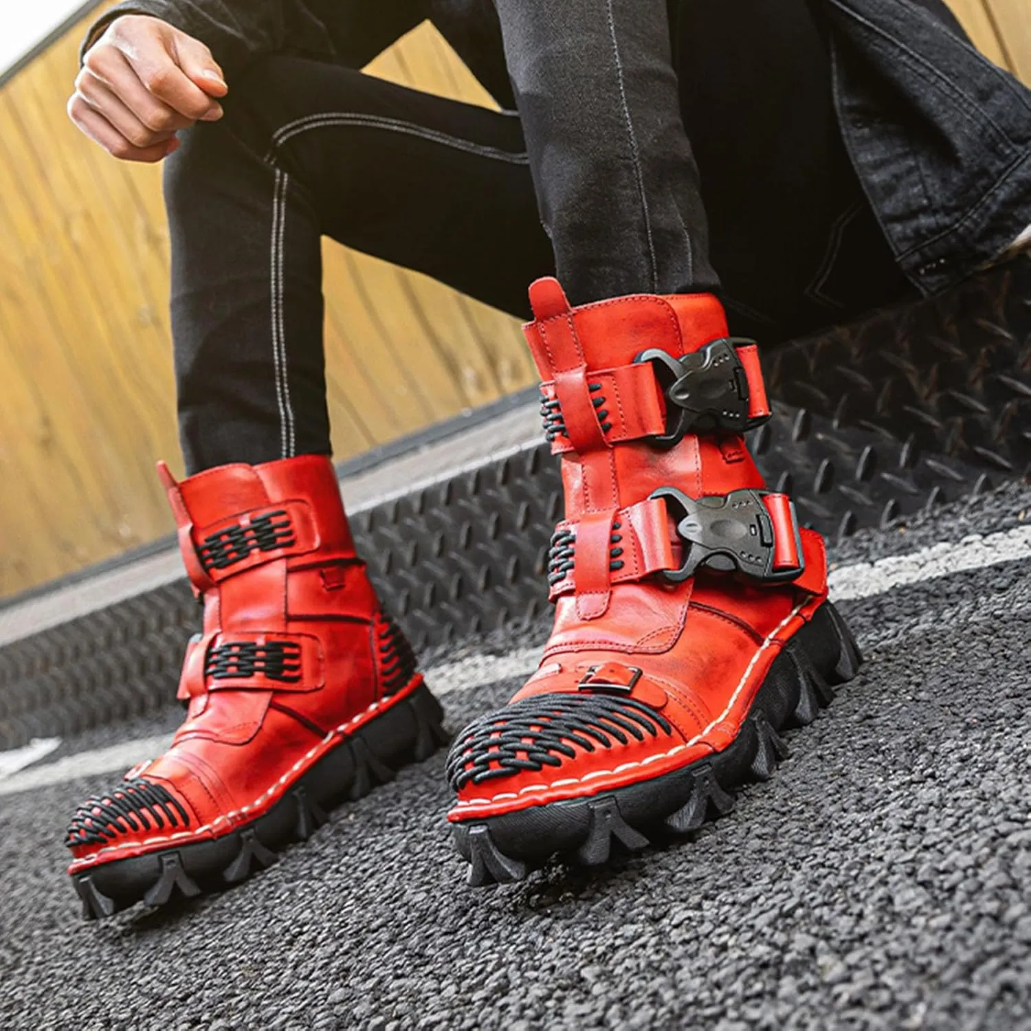 Thick-Soled Short Snow Boots, Short Plush Lining Warm Straight Leather Waterproof Winter Boots Buckle Design Decorative Fashion Boots Retro Outdoor Work Boots
