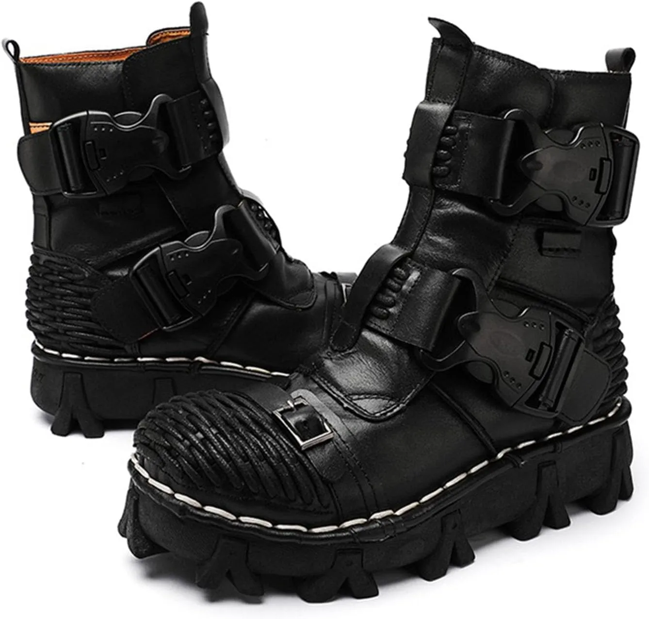 Thick-Soled Short Snow Boots, Short Plush Lining Warm Straight Leather Waterproof Winter Boots Buckle Design Decorative Fashion Boots Retro Outdoor Work Boots