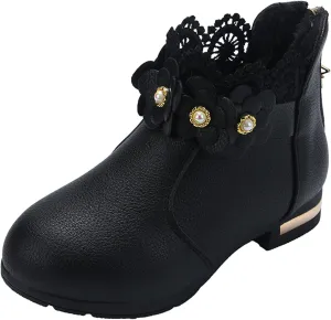 Toddler Boots Baby Girl Boy Warm ?aterproof Winter 3D Flowers Ankle Boots Leather Soft Sole (Black, 9.5 Little Child)