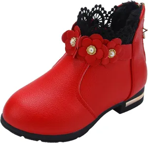 Toddler Boots Baby Girl Boy Warm ?aterproof Winter 3D Flowers Ankle Boots Leather Soft Sole (Red, 11.5 Little Child)