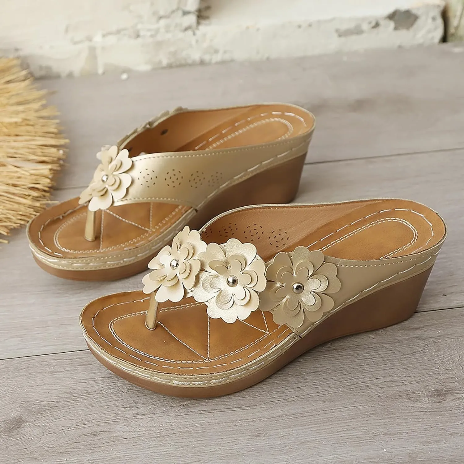 Wedge Sandals for Women Dressy Flowers Comfortable Arch Support Flip Flops Summer Casual Walking Thong Slippers Boho Wide Width Shoes