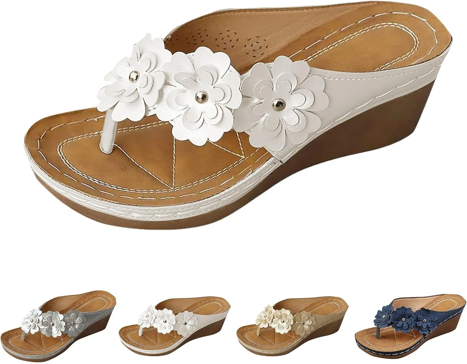 Wedge Sandals for Women Dressy Flowers Comfortable Arch Support Flip Flops Summer Casual Walking Thong Slippers Boho Wide Width Shoes