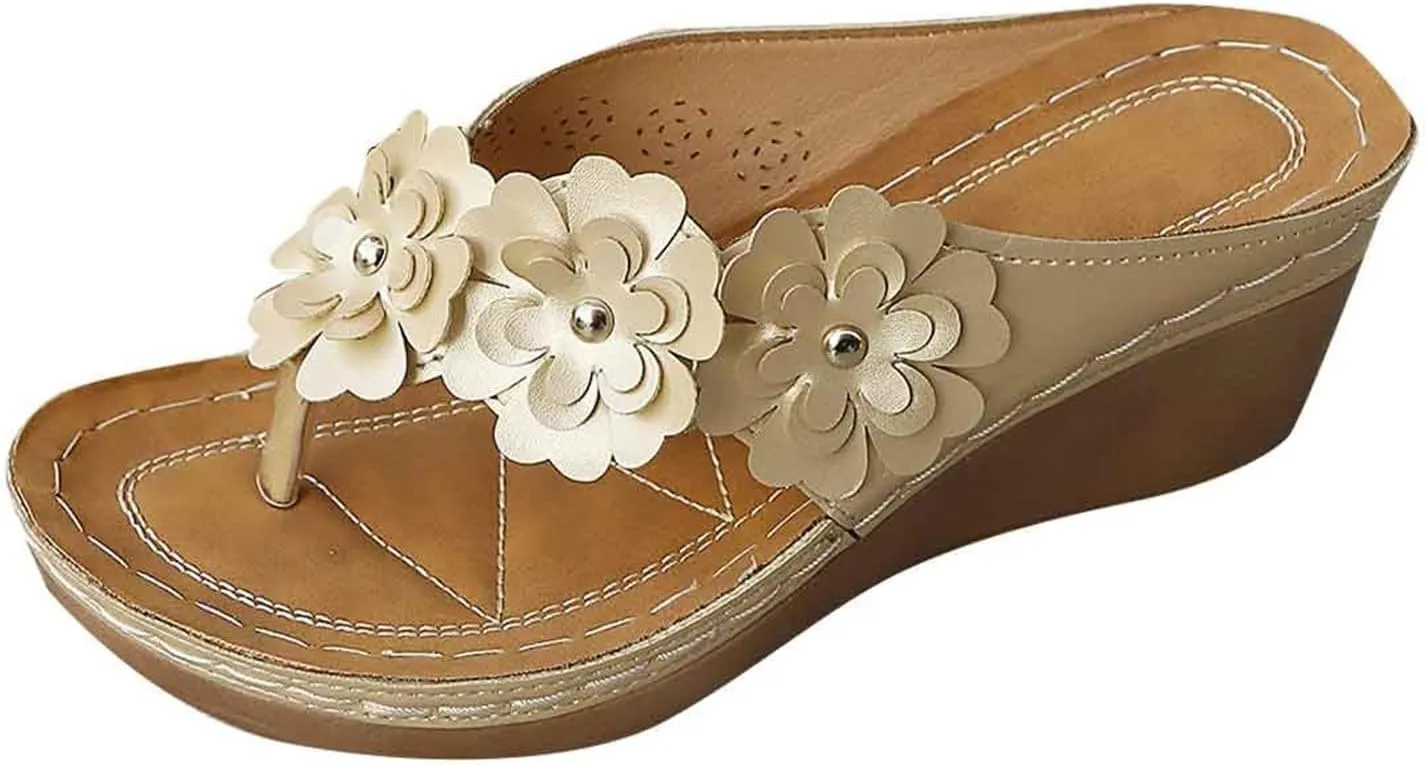 Wedge Sandals for Women Dressy Flowers Comfortable Arch Support Flip Flops Summer Casual Walking Thong Slippers Boho Wide Width Shoes