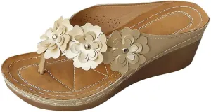 Wedge Sandals for Women Dressy Flowers Comfortable Arch Support Flip Flops Summer Casual Walking Thong Slippers Boho Wide Width Shoes