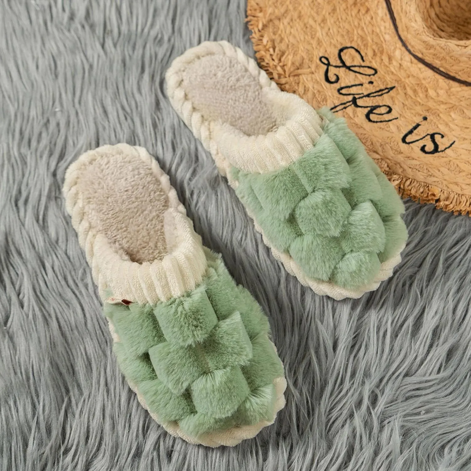 Winter Slippers Woman Memory Foam Fluffy Soft Warm Slip on Slippers Anti-Skid Cozy Plush Slippers for Indoor Outdoor