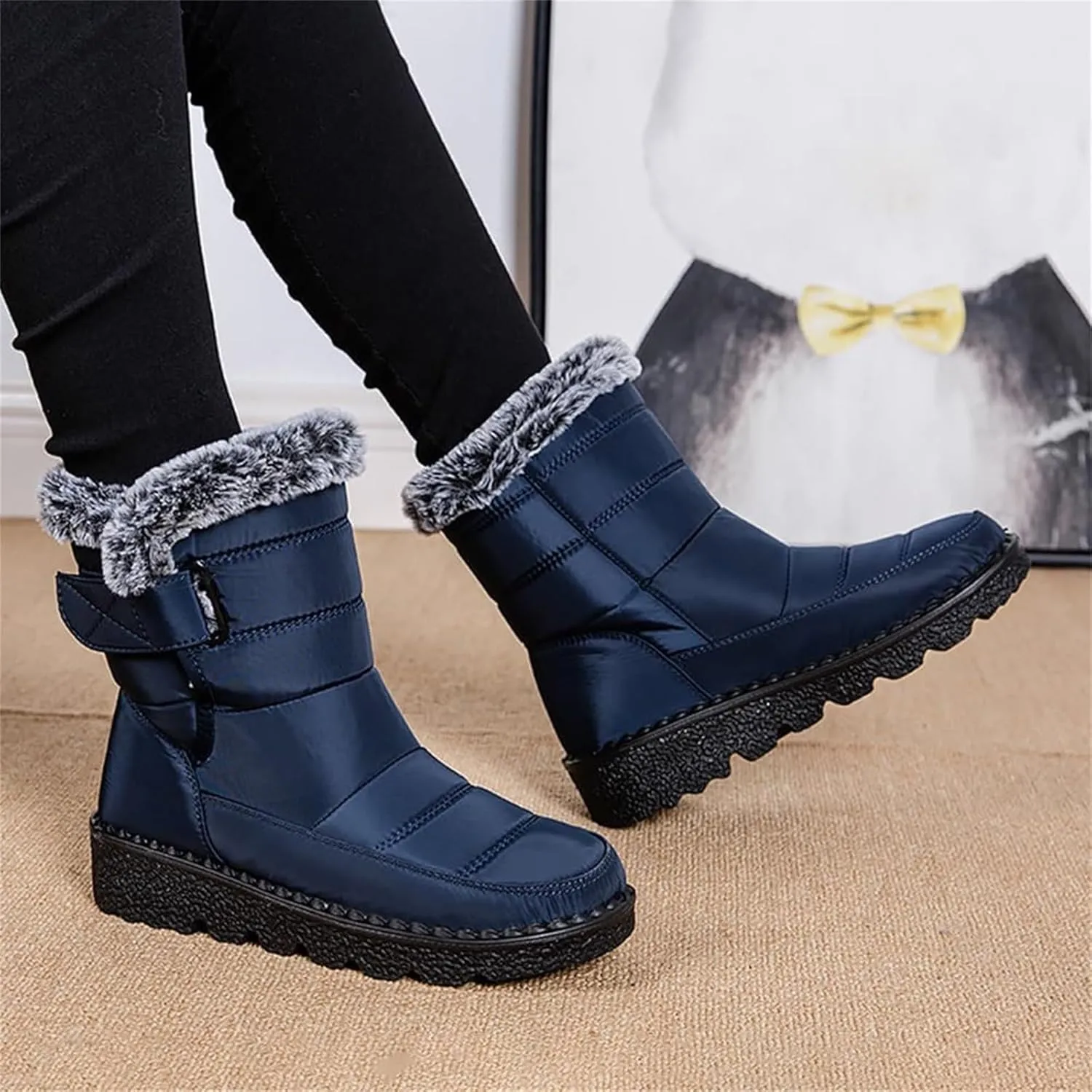 Women Men Snow Boots with Hook Loop Waterproof Leather Fur Lined Winter Boots Unisex Platform Fashion Ankle Booties