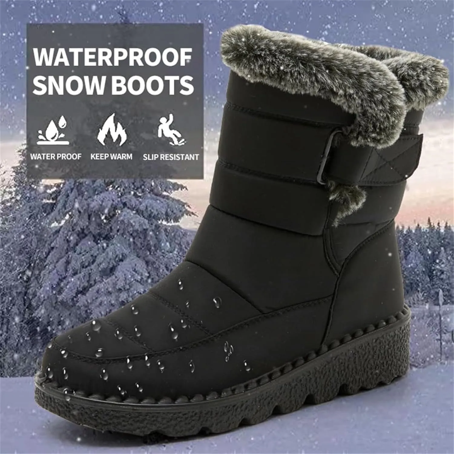Women Men Snow Boots with Hook Loop Waterproof Leather Fur Lined Winter Boots Unisex Platform Fashion Ankle Booties