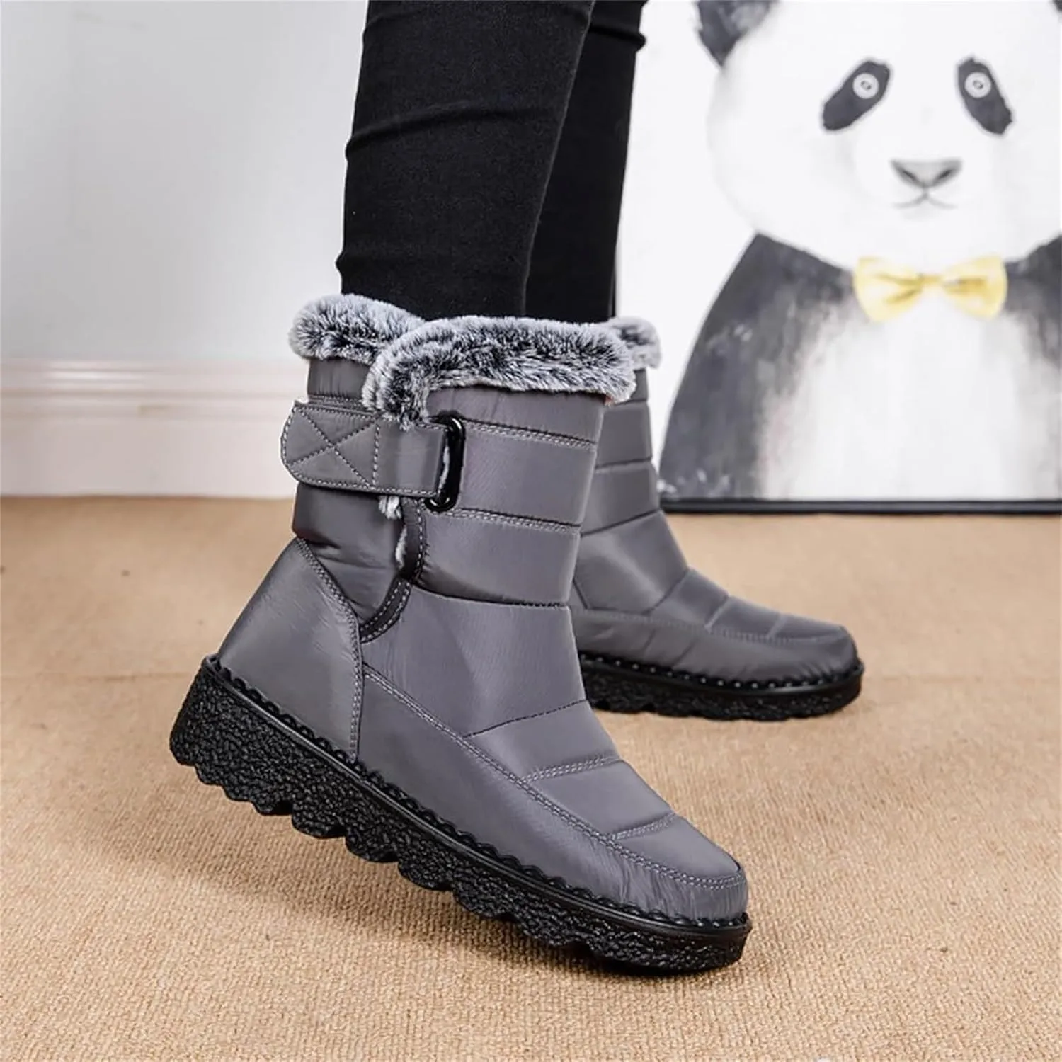 Women Men Snow Boots with Hook Loop Waterproof Leather Fur Lined Winter Boots Unisex Platform Fashion Ankle Booties