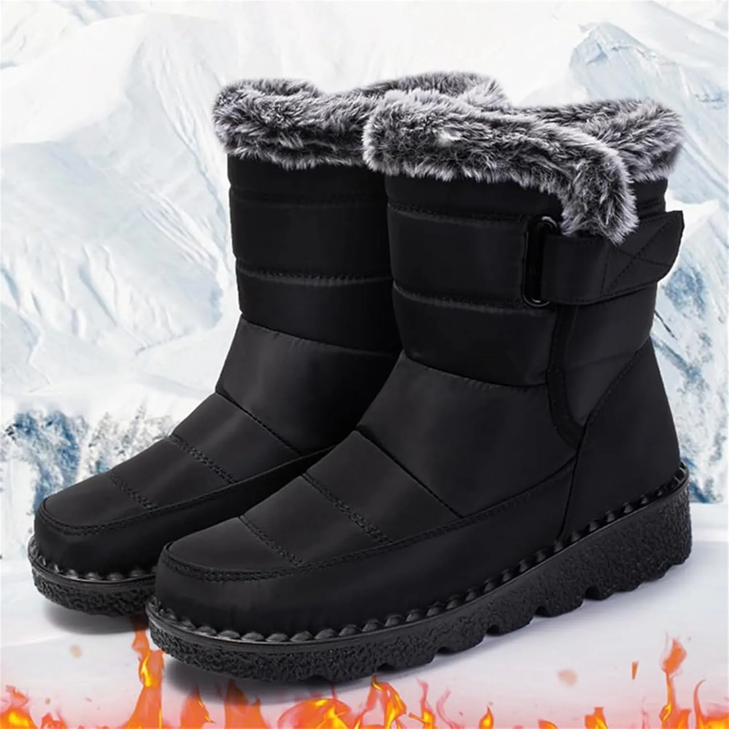 Women Men Snow Boots with Hook Loop Waterproof Leather Fur Lined Winter Boots Unisex Platform Fashion Ankle Booties