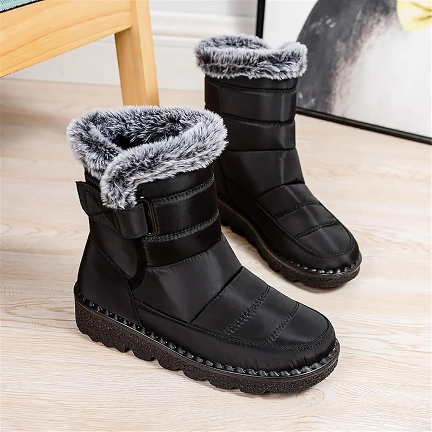 Women Men Snow Boots with Hook Loop Waterproof Leather Fur Lined Winter Boots Unisex Platform Fashion Ankle Booties