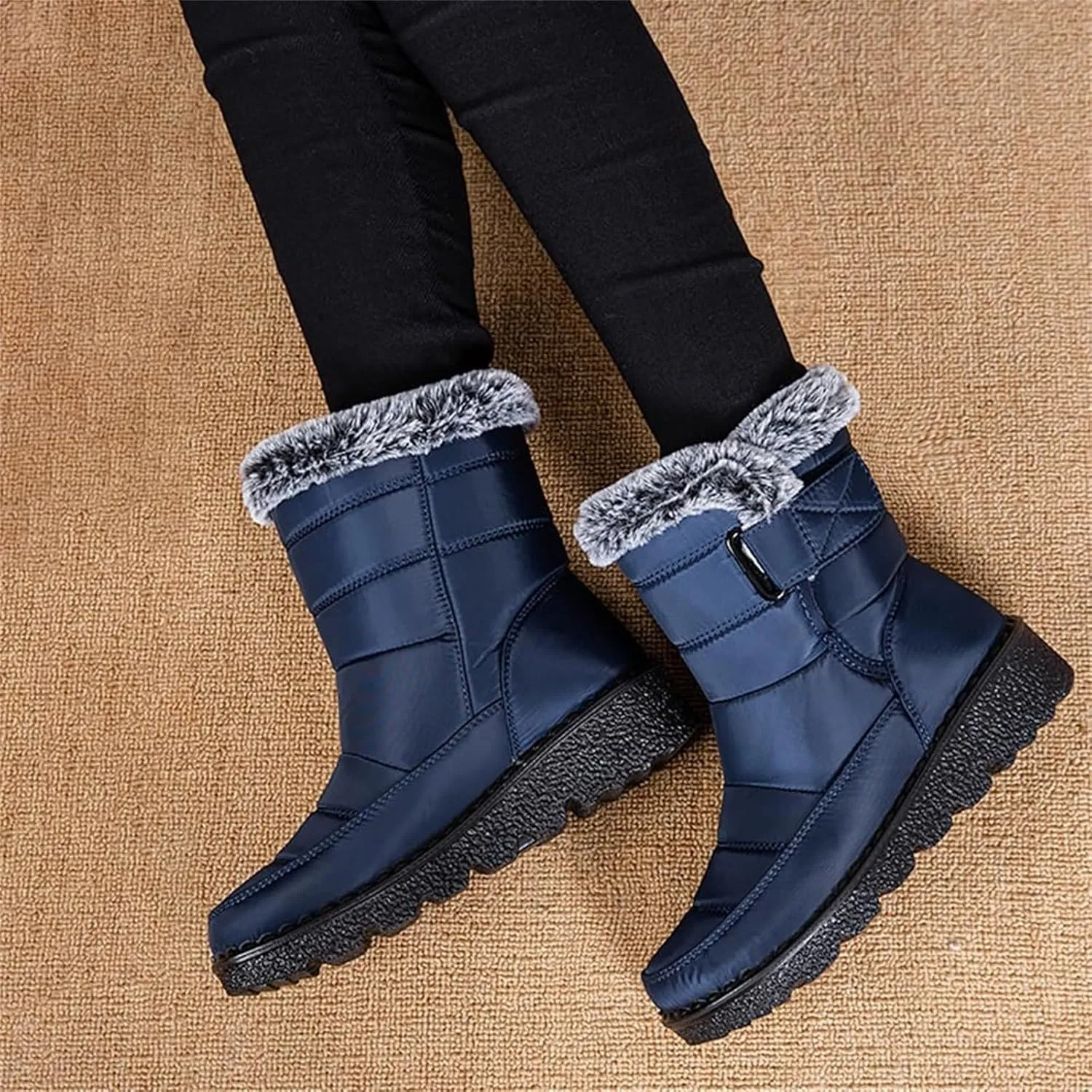 Women Men Snow Boots with Hook Loop Waterproof Leather Fur Lined Winter Boots Unisex Platform Fashion Ankle Booties