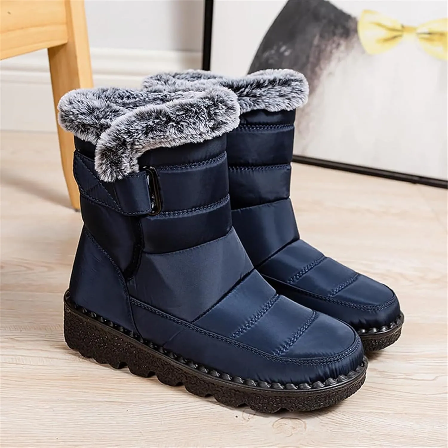 Women Men Snow Boots with Hook Loop Waterproof Leather Fur Lined Winter Boots Unisex Platform Fashion Ankle Booties