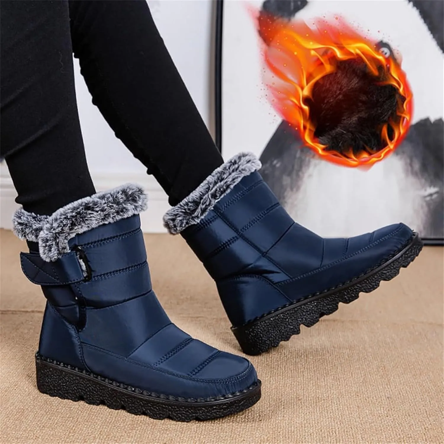 Women Men Snow Boots with Hook Loop Waterproof Leather Fur Lined Winter Boots Unisex Platform Fashion Ankle Booties