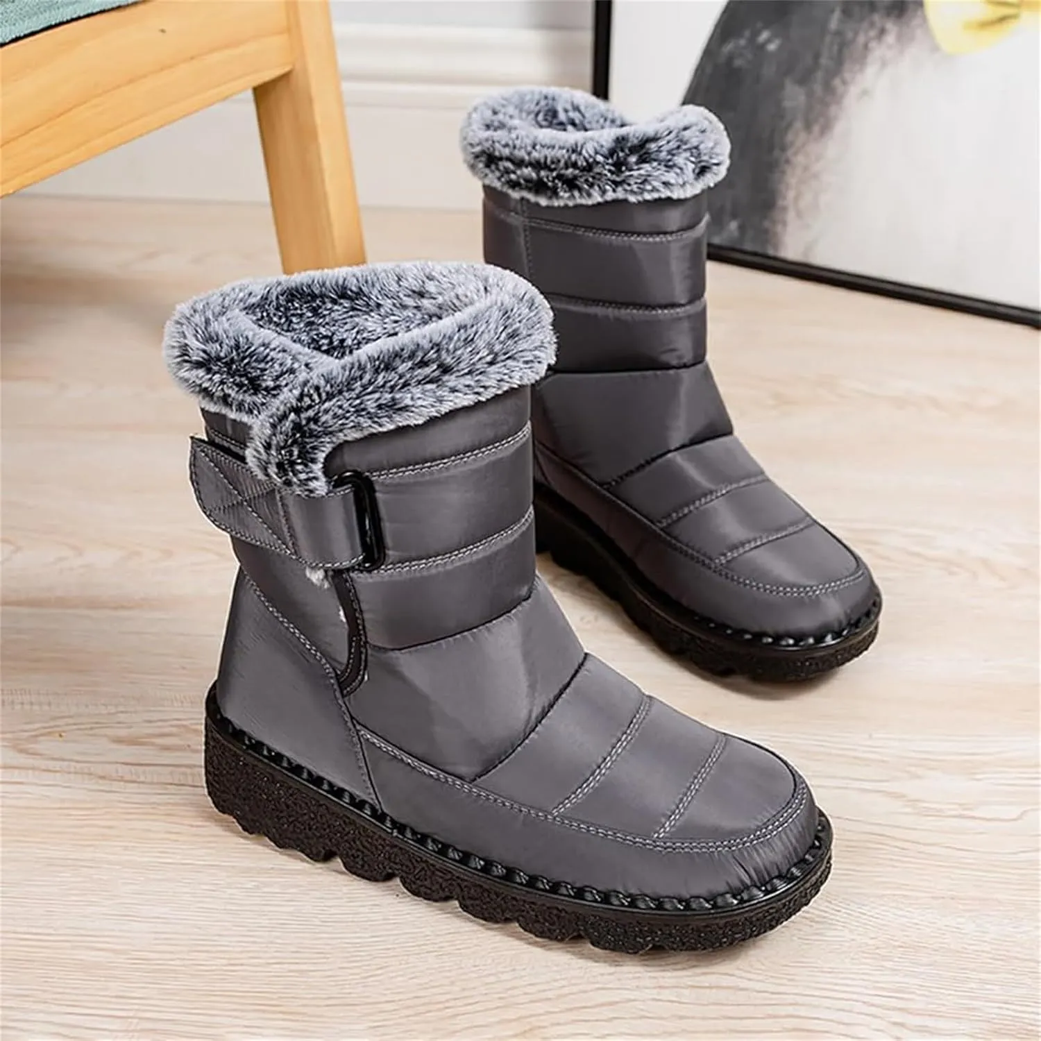 Women Men Snow Boots with Hook Loop Waterproof Leather Fur Lined Winter Boots Unisex Platform Fashion Ankle Booties