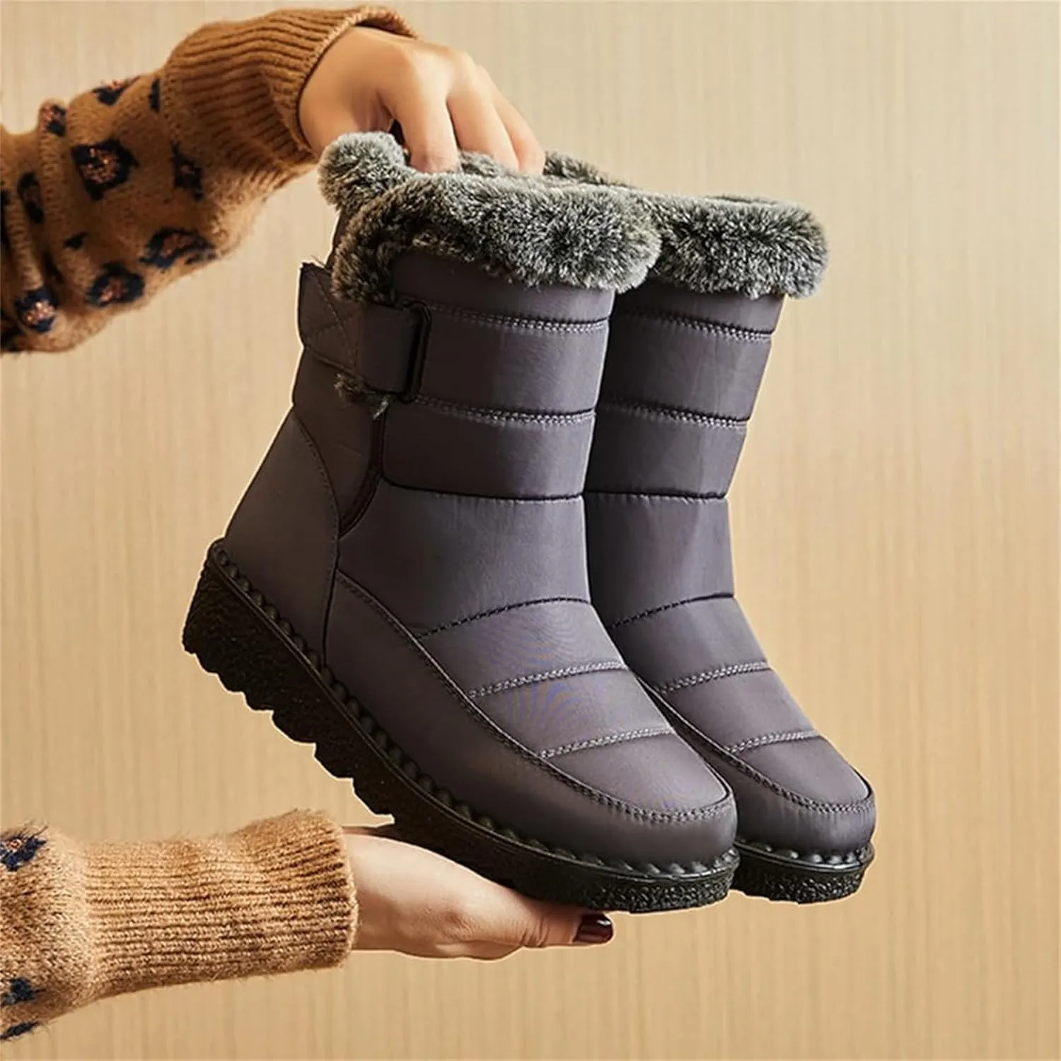 Women Men Snow Boots with Hook Loop Waterproof Leather Fur Lined Winter Boots Unisex Platform Fashion Ankle Booties