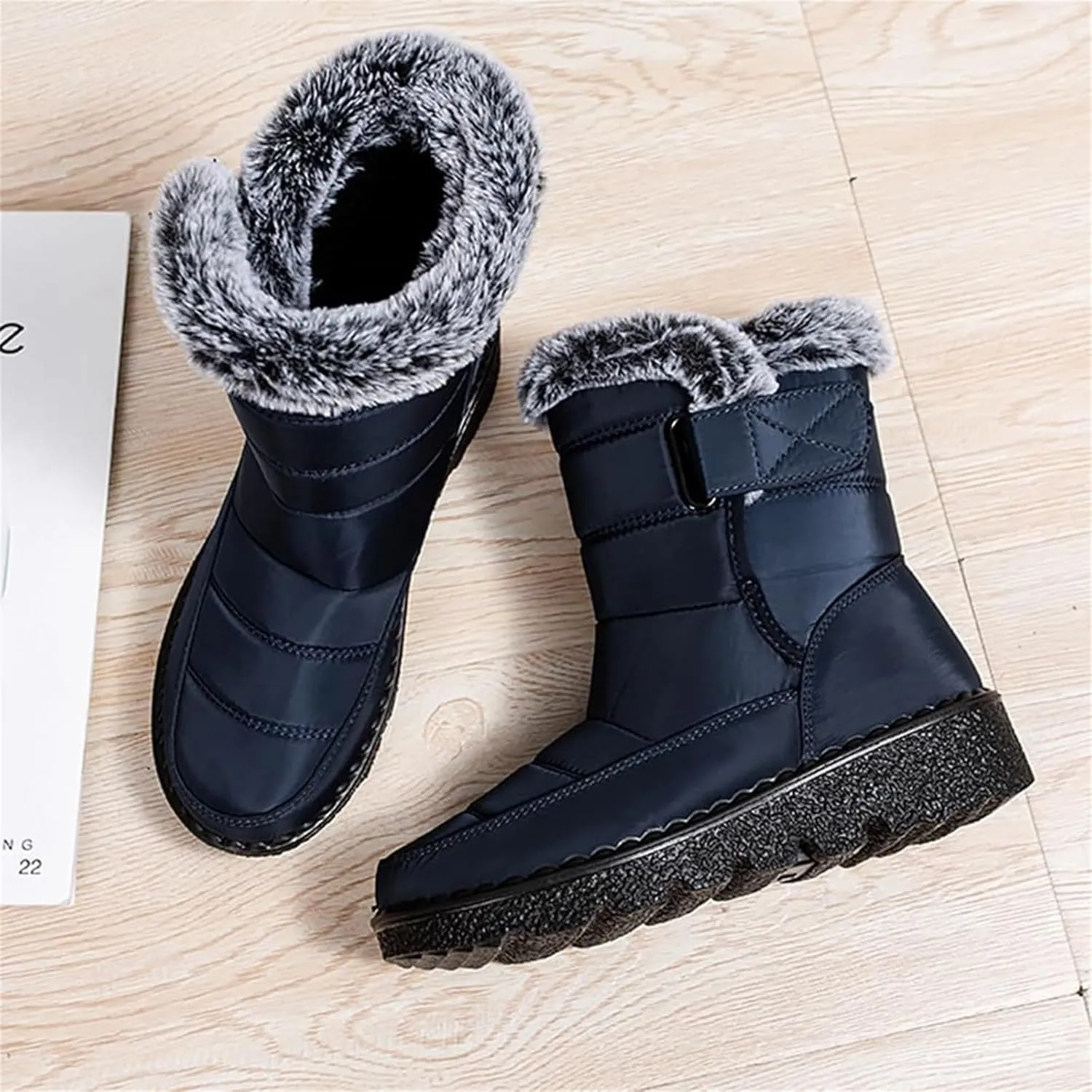 Women Men Snow Boots with Hook Loop Waterproof Leather Fur Lined Winter Boots Unisex Platform Fashion Ankle Booties