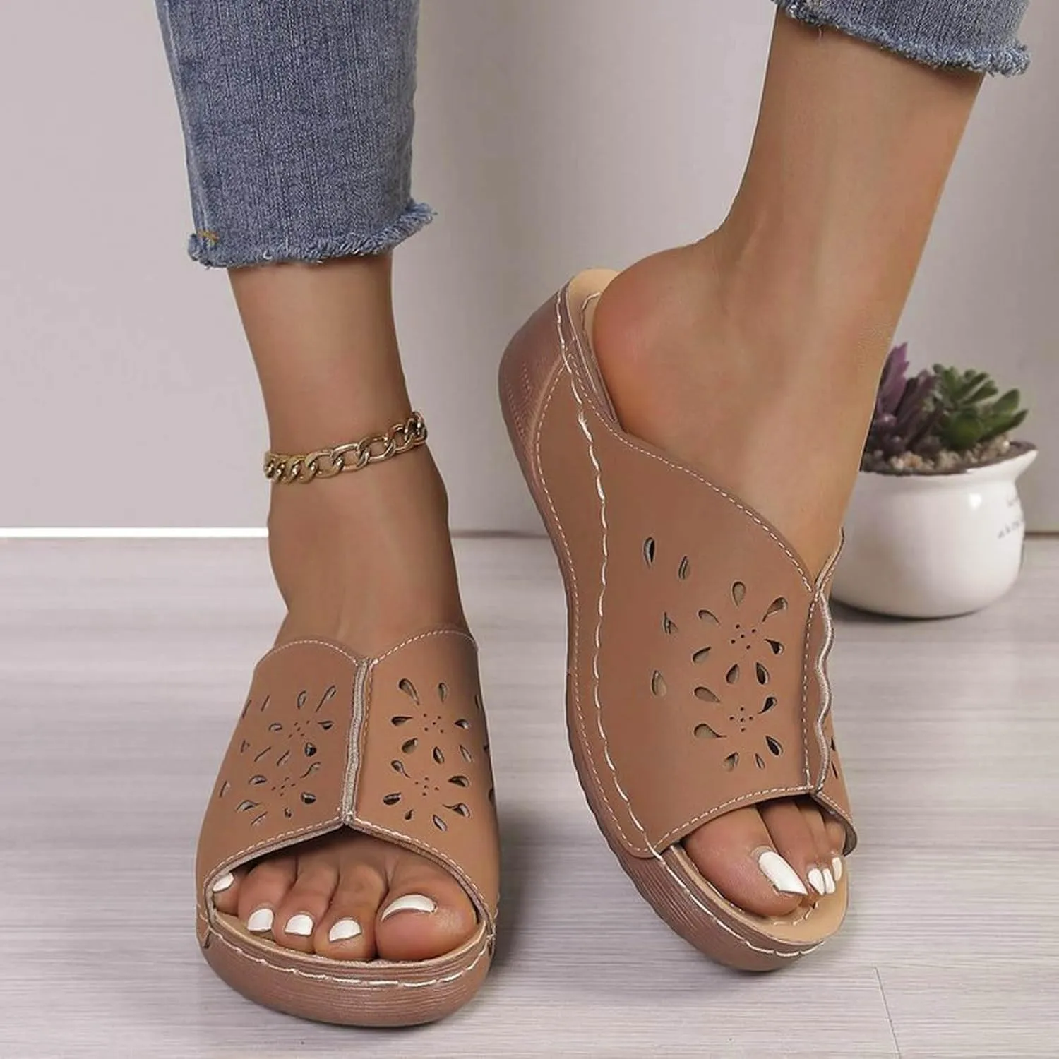 Women Orthopedic Wedge Sandals Slip On Dressy Summer Comfortable Slides Slippers Hollow Leather Yoga Mat Slippers for Summer and Daily Wear