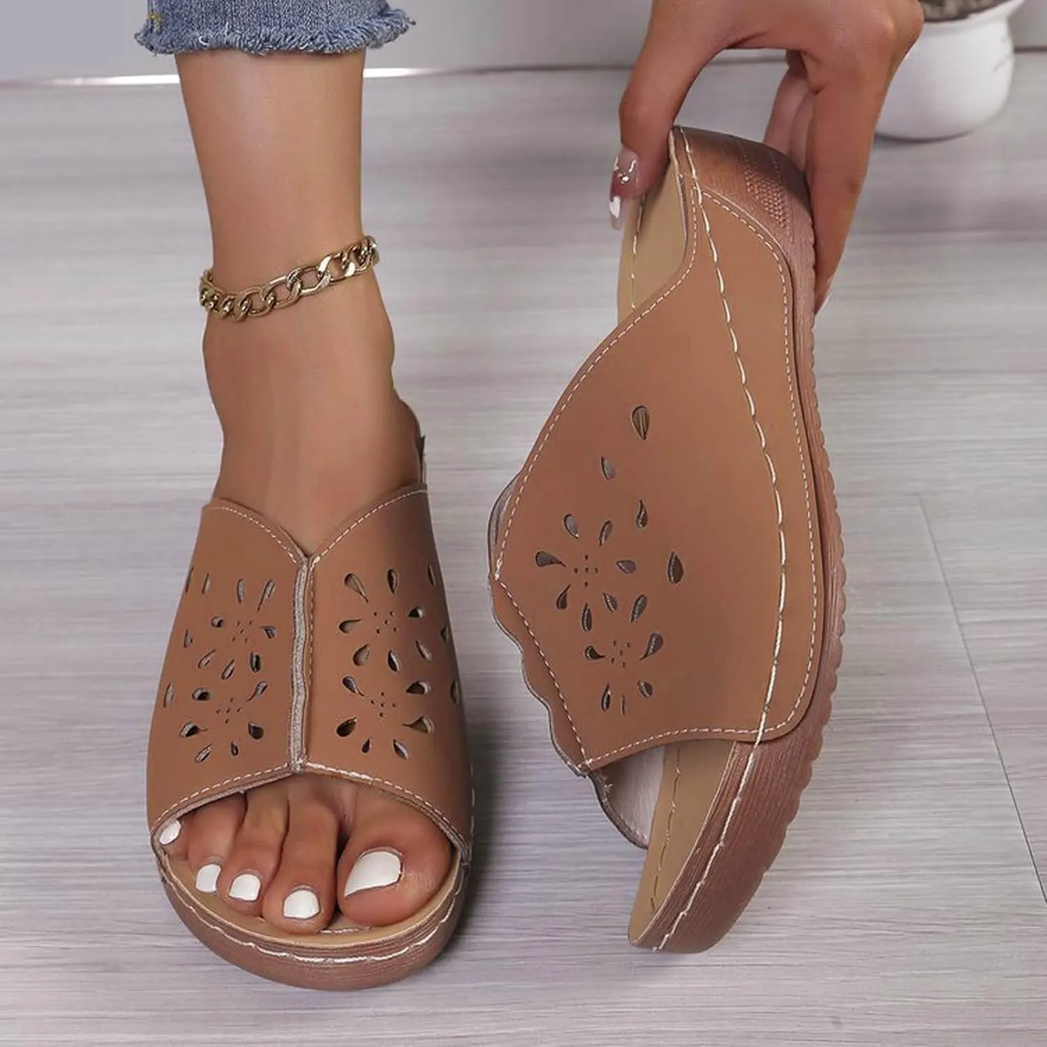 Women Orthopedic Wedge Sandals Slip On Dressy Summer Comfortable Slides Slippers Hollow Leather Yoga Mat Slippers for Summer and Daily Wear