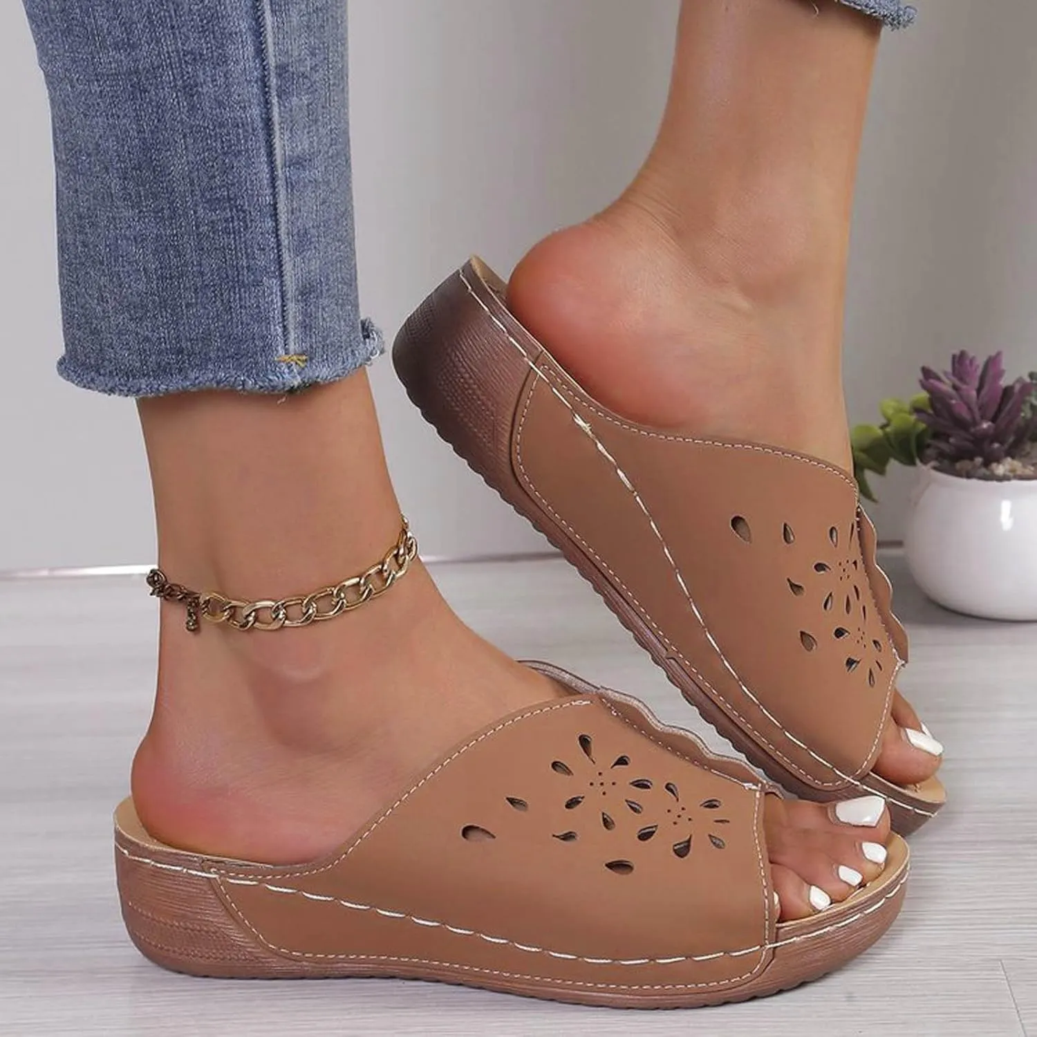 Women Orthopedic Wedge Sandals Slip On Dressy Summer Comfortable Slides Slippers Hollow Leather Yoga Mat Slippers for Summer and Daily Wear