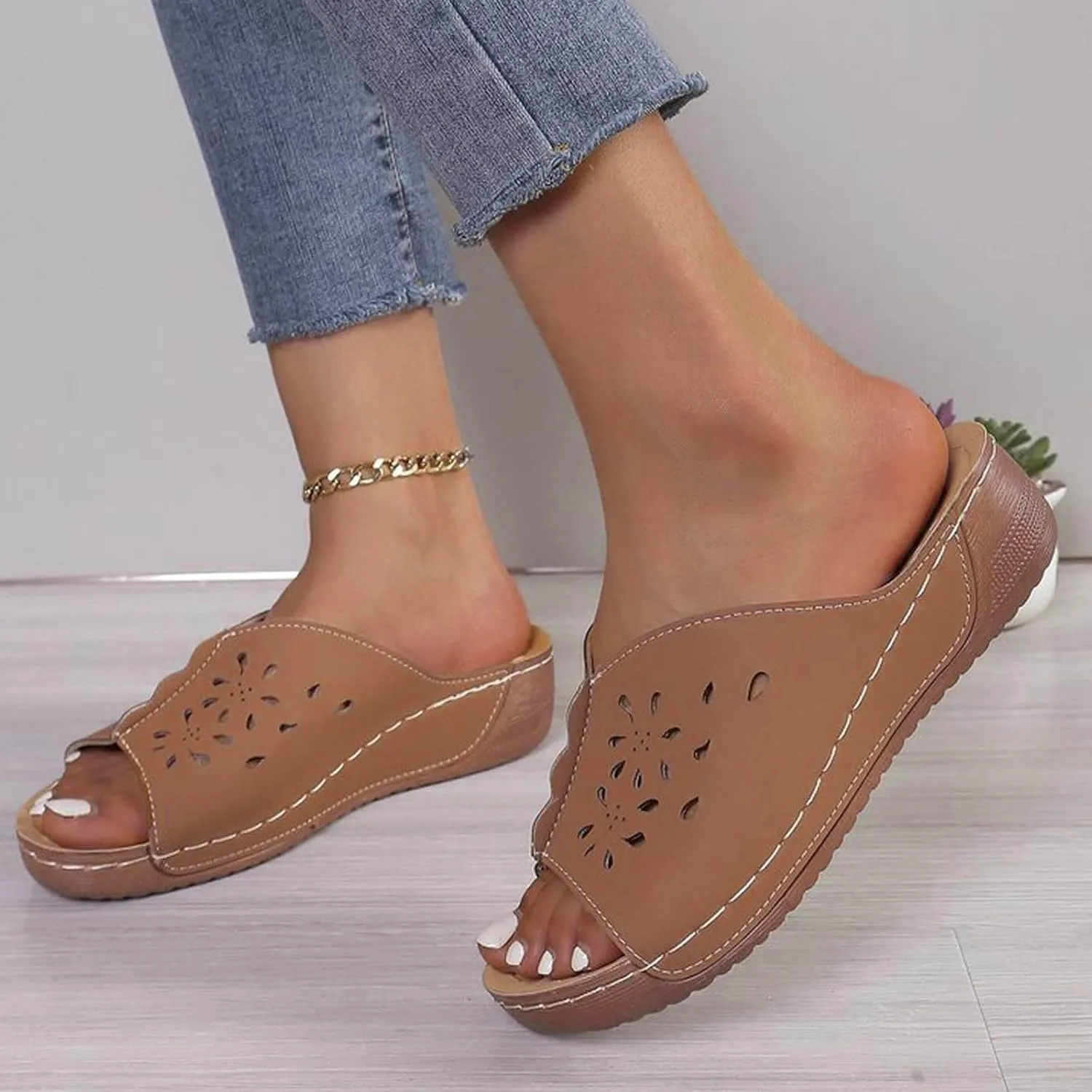 Women Orthopedic Wedge Sandals Slip On Dressy Summer Comfortable Slides Slippers Hollow Leather Yoga Mat Slippers for Summer and Daily Wear