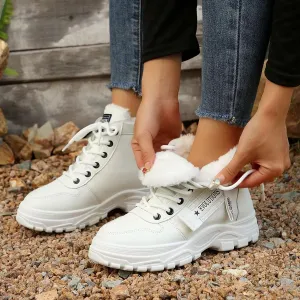 Women's Chunky White Sneakers  Korean Style Winter Boots with Waterproof Artificial Leather and Fleece Lining