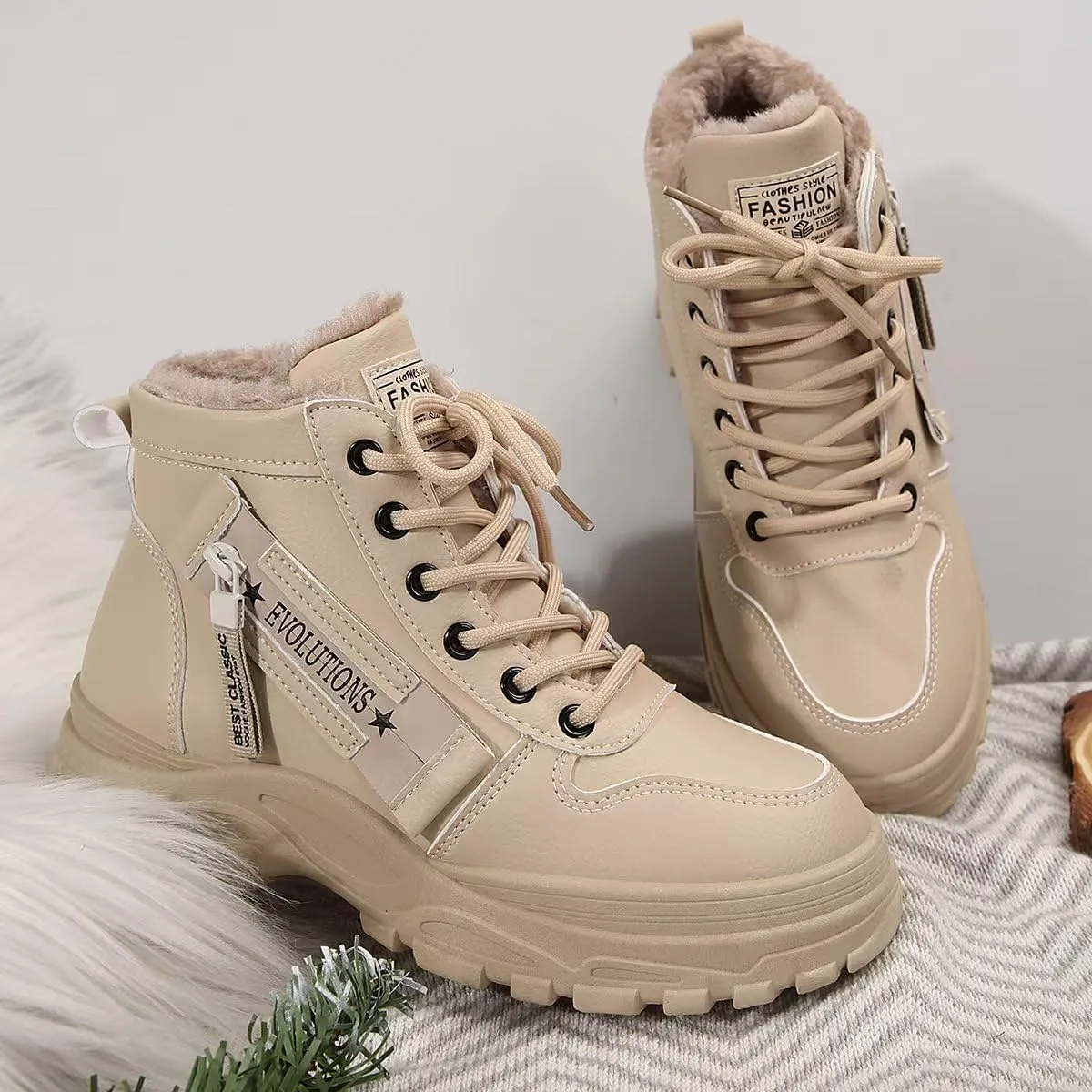 Women's Chunky White Sneakers  Korean Style Winter Boots with Waterproof Artificial Leather and Fleece Lining