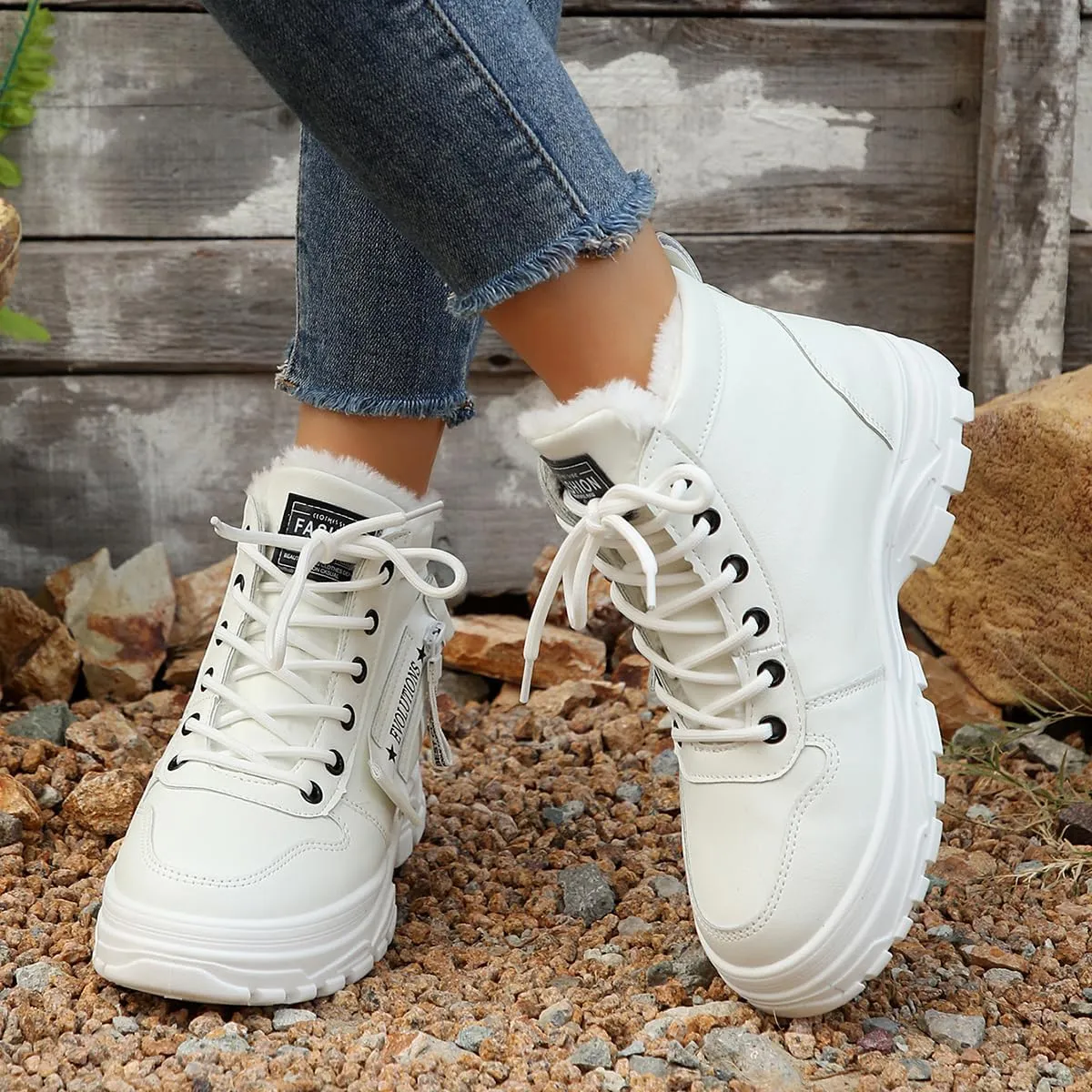 Women's Chunky White Sneakers  Korean Style Winter Boots with Waterproof Artificial Leather and Fleece Lining
