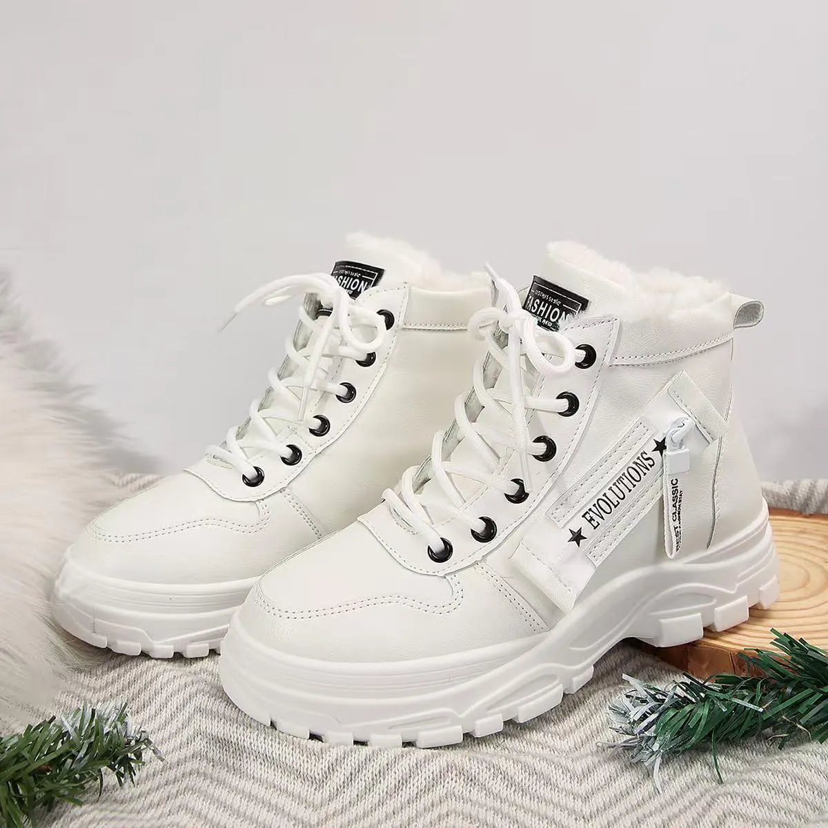 Women's Chunky White Sneakers  Korean Style Winter Boots with Waterproof Artificial Leather and Fleece Lining