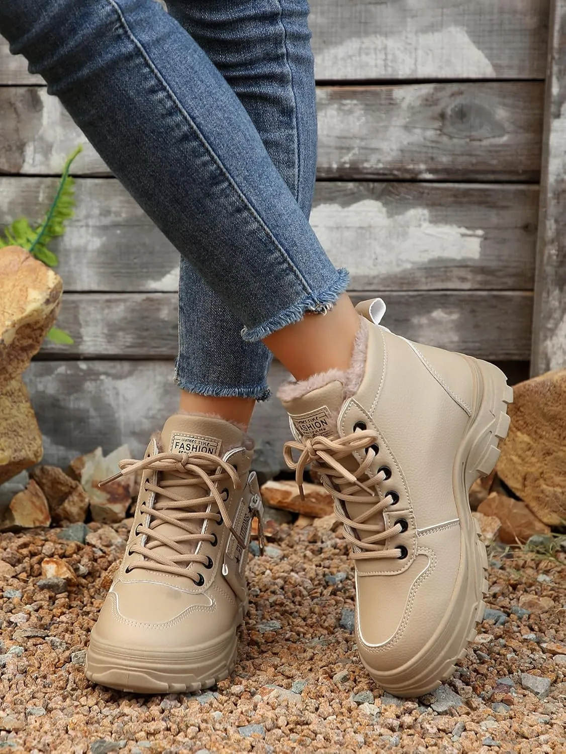 Women's Chunky White Sneakers  Korean Style Winter Boots with Waterproof Artificial Leather and Fleece Lining
